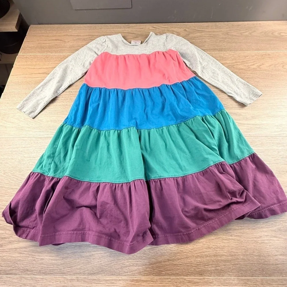 Hanna Andersson Girls Tiered Colorblock Long Sleeve Dress Size 140 Gray Flaws